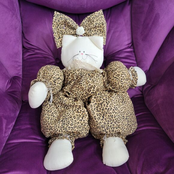 vintage handmade stuffed Cat Wearing Cheetah Patterned Dress 18 Inch cottagecore - Picture 1 of 4